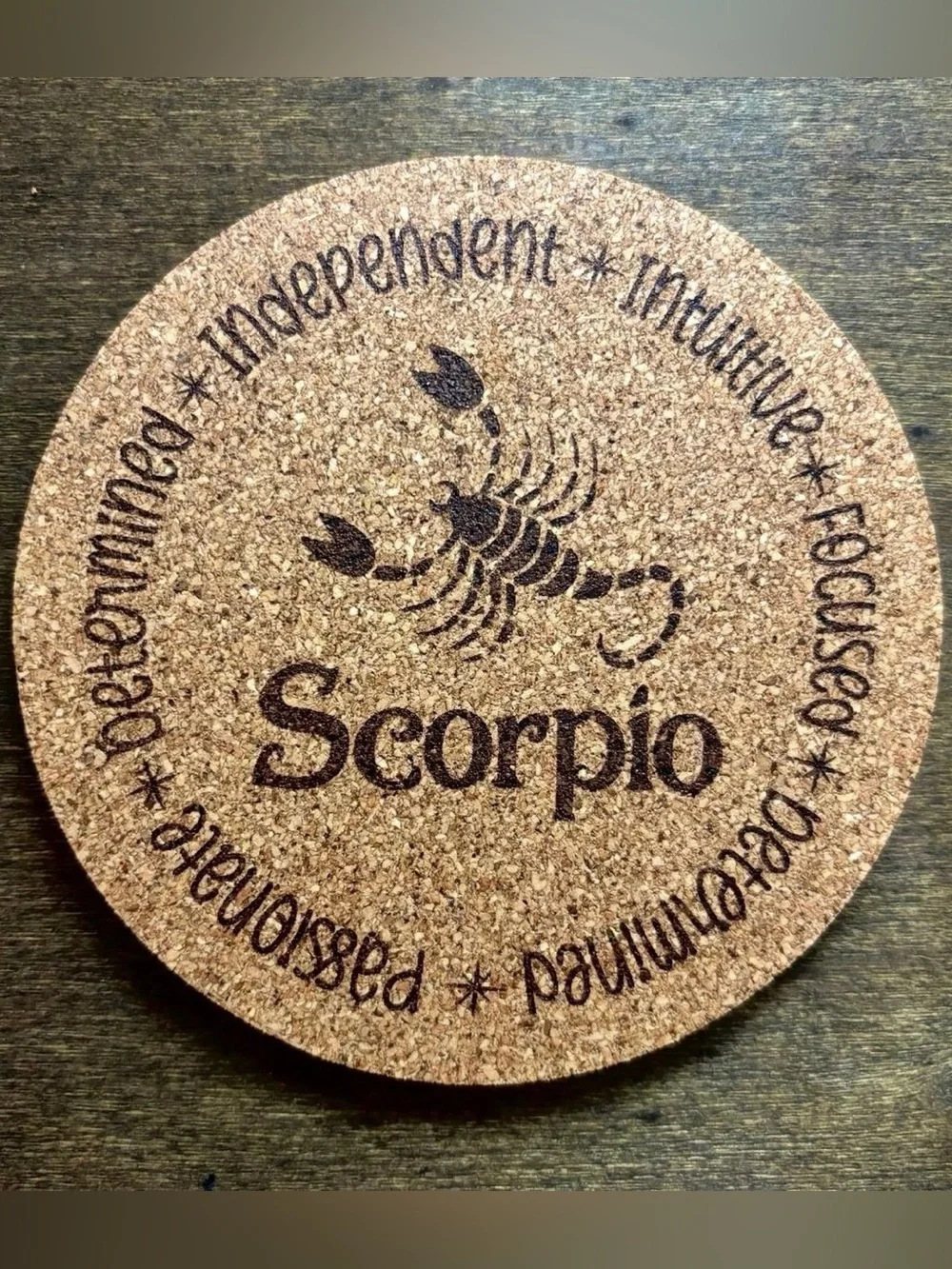 Scorpio Zodiac Sign Encircled Laser Engraved Cork Coaster